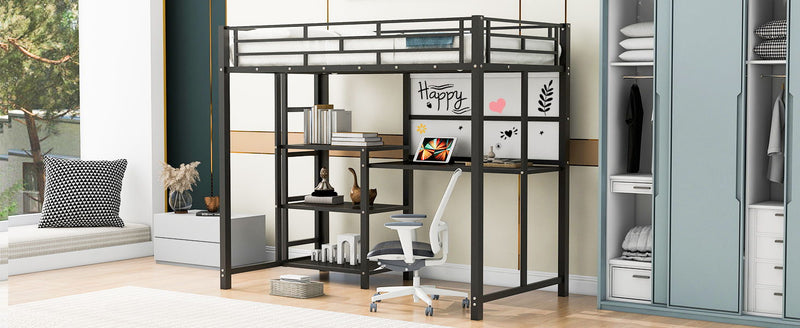 Loft Bed With Desk And Whiteboard, Metal Loft Bed With 3 Shelves And Ladder