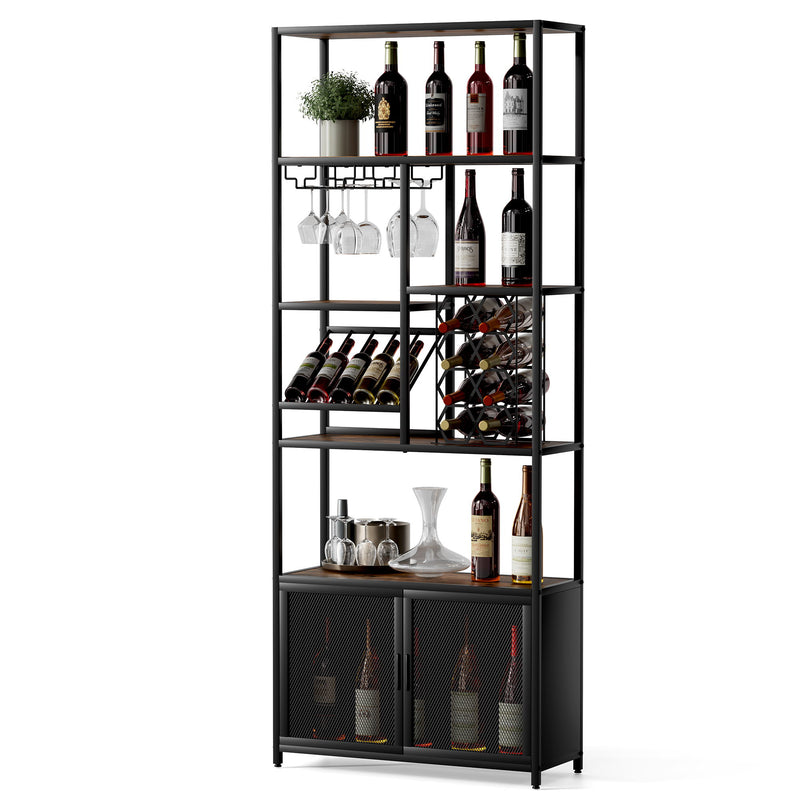 82.7" Industrial Standing Wine Rack With Glass Rack Tall Freestanding Floor Bar Cabinet - Walnut / Black