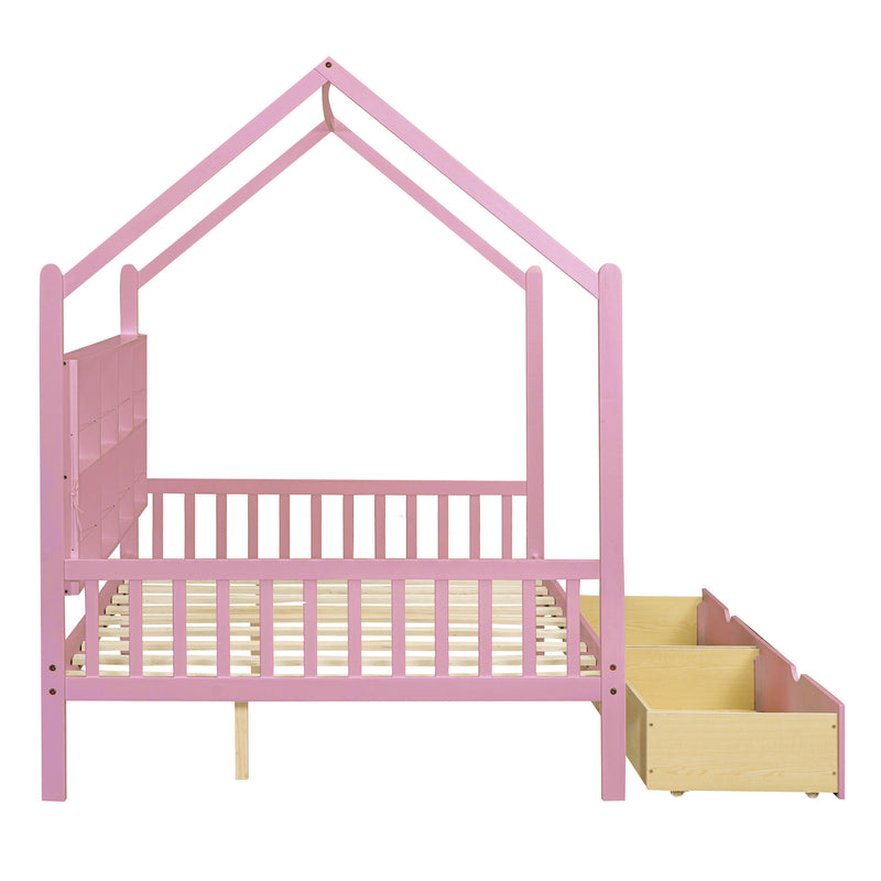 Wooden Full Size House Bed with 2 Drawers,Kids Bed with Storage Shelf, Pink