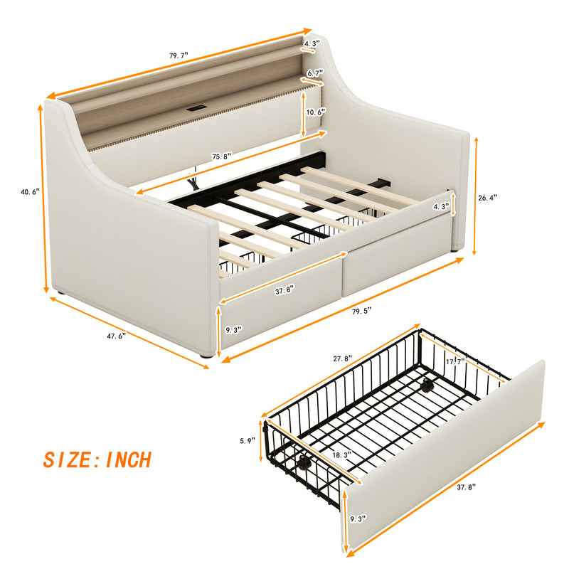 Twin Size Daybed with Storage Drawers, Upholstered Daybed with Charging Station and LED Lights, Beige (Expect arrive date: December 30th.)