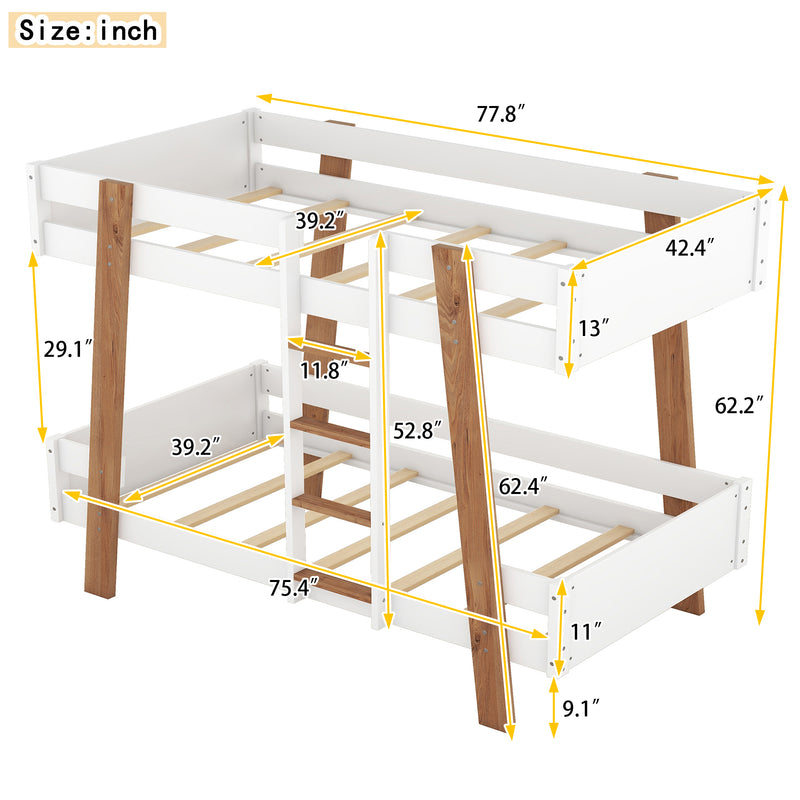 Wood Twin Size Bunk Bed with Built-in Ladder and 4 Wood Color Columns, White