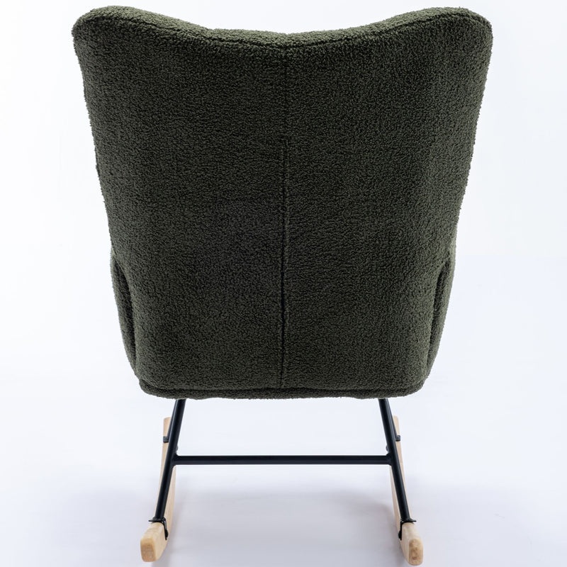 30.3" Rocking Chair With Pocket, Soft Teddy Fabric Rocking Chair For Nursery, Comfy Wingback Glider Rocker With Safe Solid Wood Base For Living Room Bedroom Balcony - Dark Green