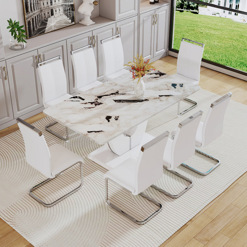 Table and chair set, modern minimalism and luxurious white rectangular pattern dining table.  Soft and comfortable dining chair, for dining room, living room, terrace and kitchen.