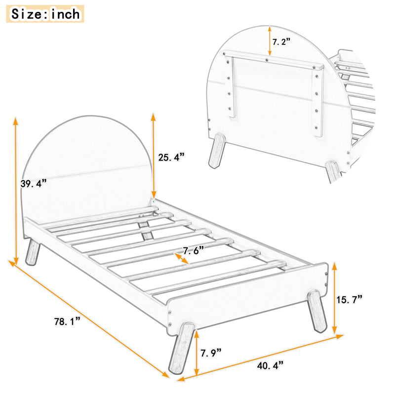 Wooden Cute Platform Bed With Curved Headboard,Twin Size Bed With Shelf Behind Headboard,White