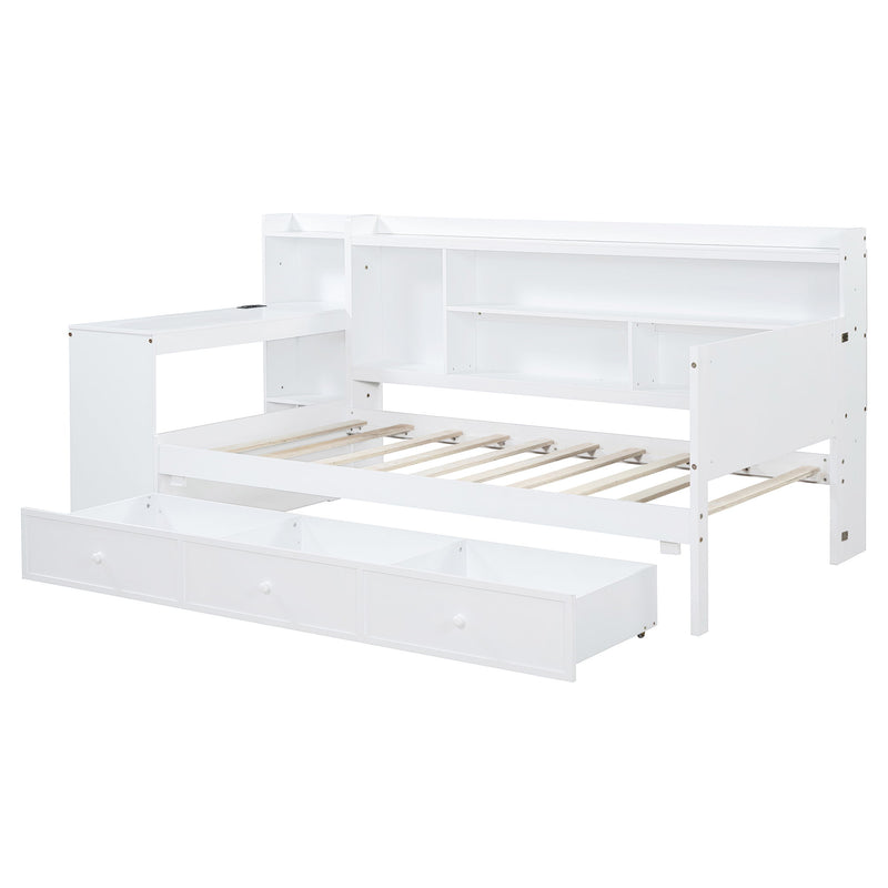 Twin Size Wooden Daybed With 3 Drawers, USB Ports And Desk - White