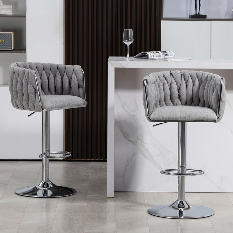 360 Degree Swivel Bar Stools Adjustable Counter Height Bar Chairs With Woven Back & Footrest, Silver Chromed Bar Stools For Kitchen Island (Set of 2) - Gray