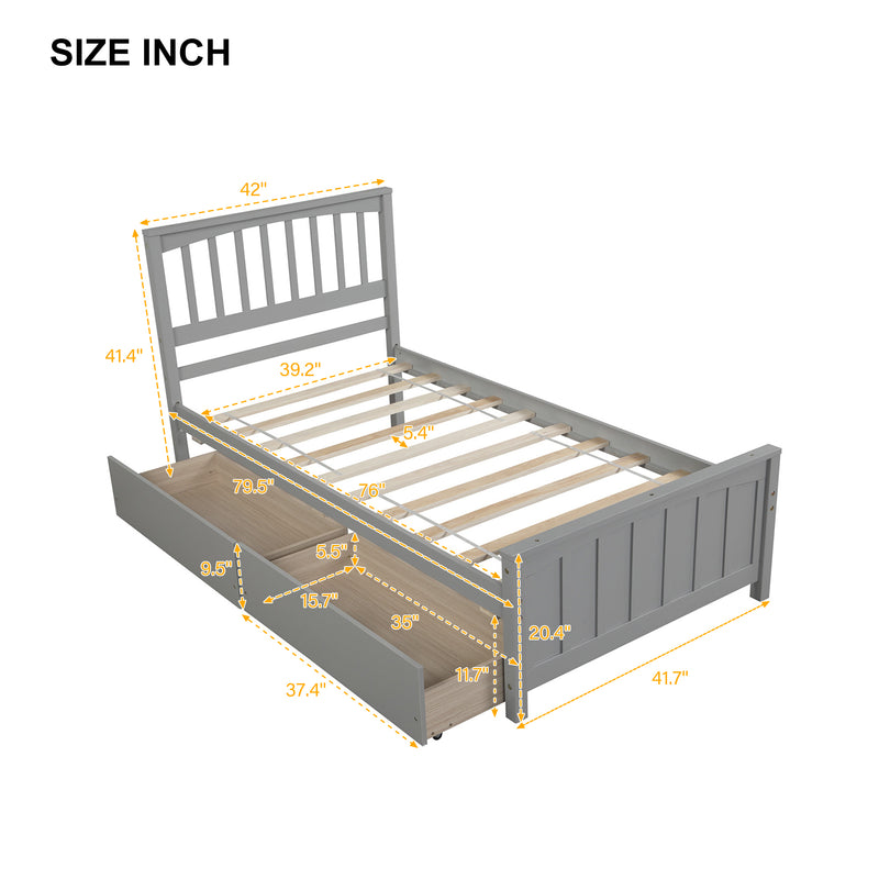 Twin size Platform Bed with Two Drawers, Gray