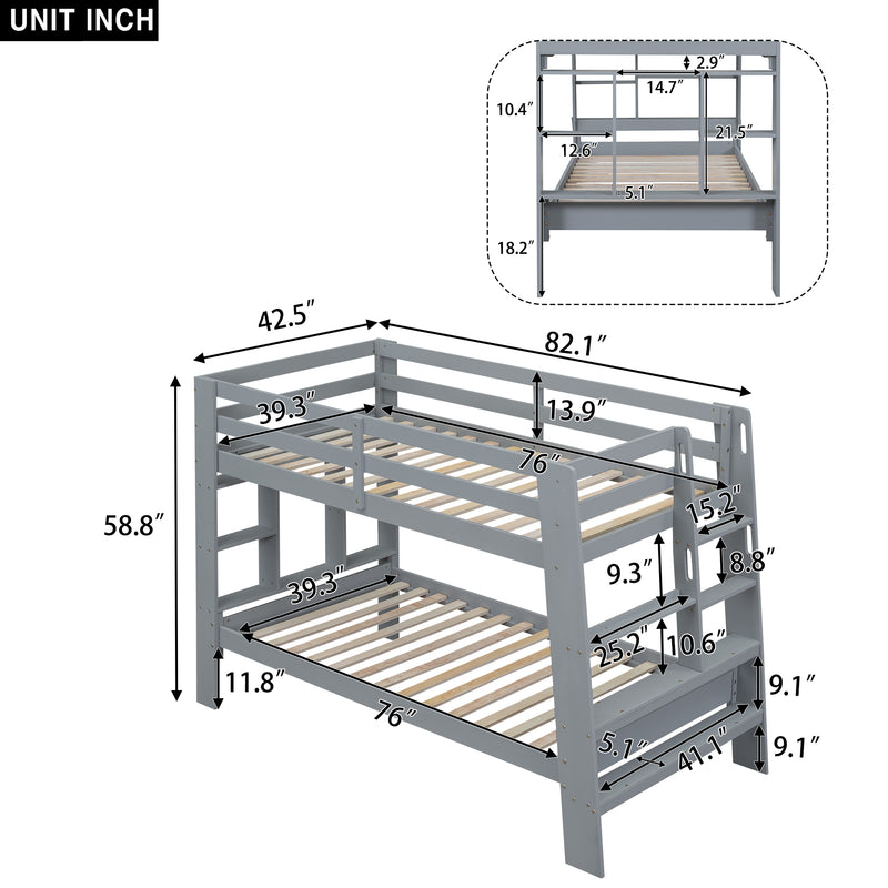 Twin over Twin Bunk Bed with Shelves and Built-in Ladder, Gray