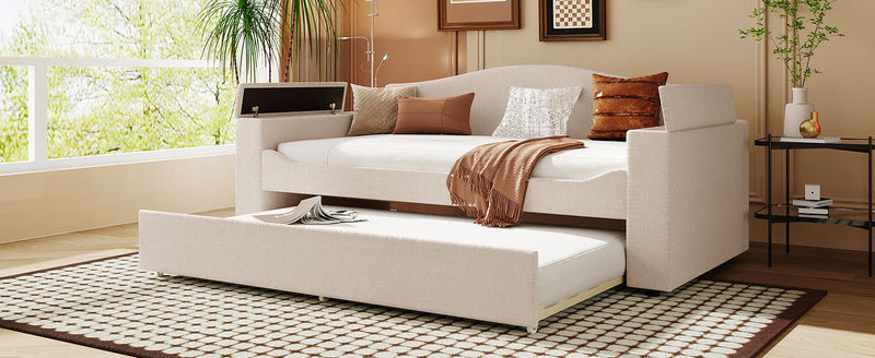 Twin Size Upholstered Daybed with Storage Armrests, Trundle and Latest Integrated Bluetooth Audio System, Teddy Fleece, Beige