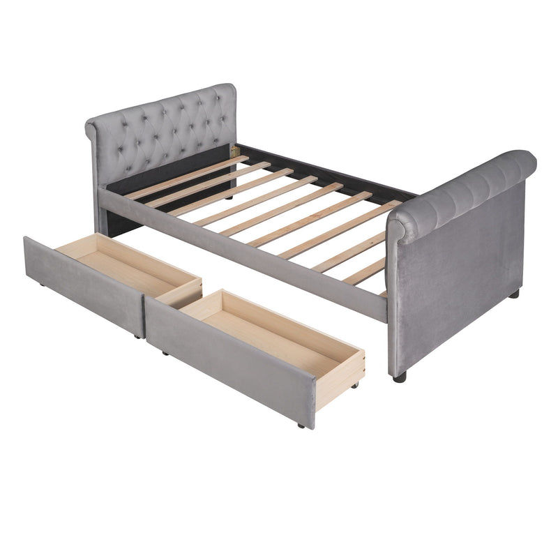 Twin Size Upholstered Daybed With Drawers, Wood Slat Support - Gray