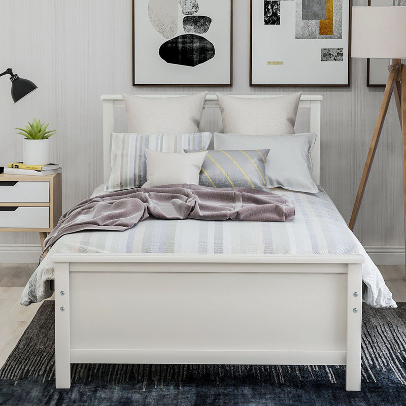 Twin Size Platform Bed With Headboard, Footboard And Wood Slat Support - White