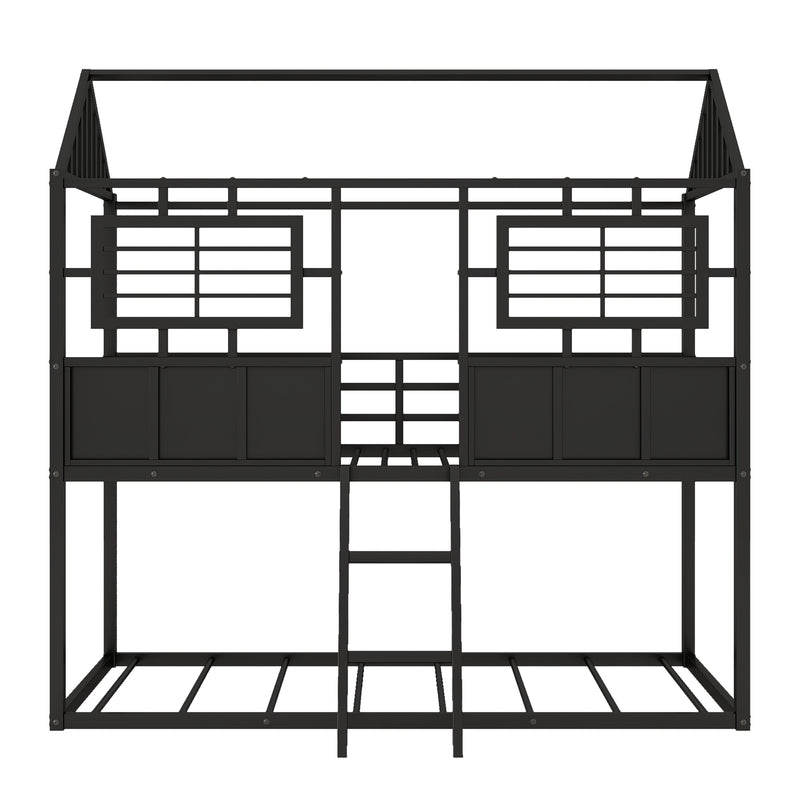 Twin over Twin Size Metal Low Bunk Beds with Roof and Fence-shaped Guardrail, Black