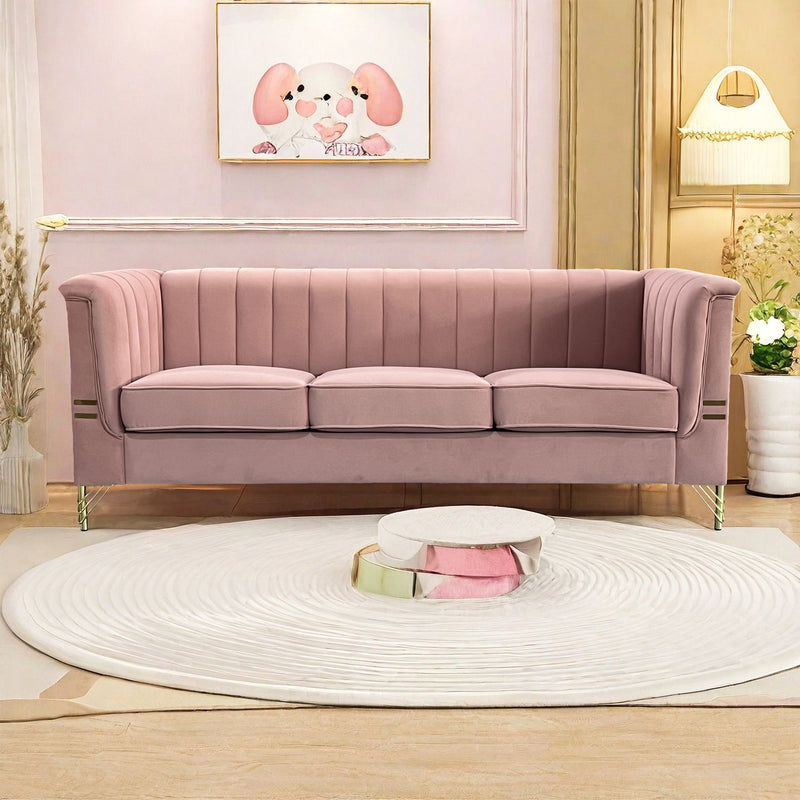 FX-P82-PK(SOFA) Modern Designs Velvet Upholstered Living Room Sofa, 3 Seat Sofa Couch With Golden Metal Legs For Home, Apartment Or Office - Pink