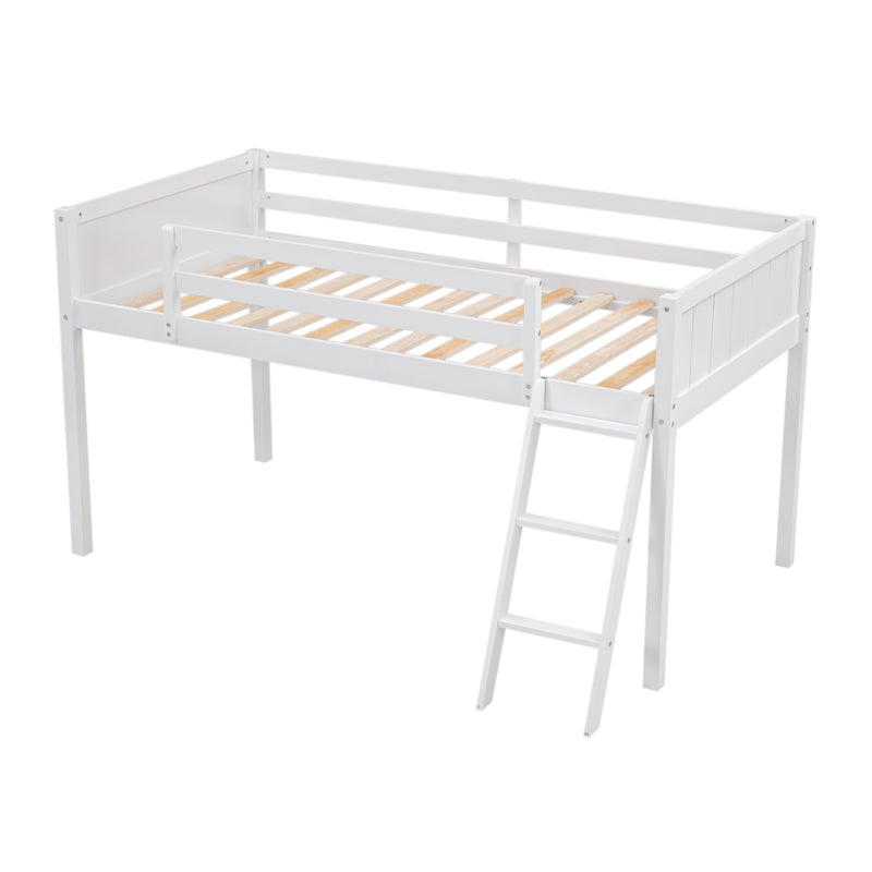 Twin Size Wood Loft Bed with Ladder, ladder can be placed on the left or right, White