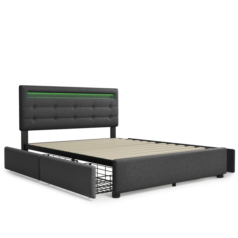 Bed Frame Queen Size, Upholstered Platform Bed Frame with 4 Storage Drawers and LED Lights & Adjustable Headboard,No Box Spring Needed,Grey