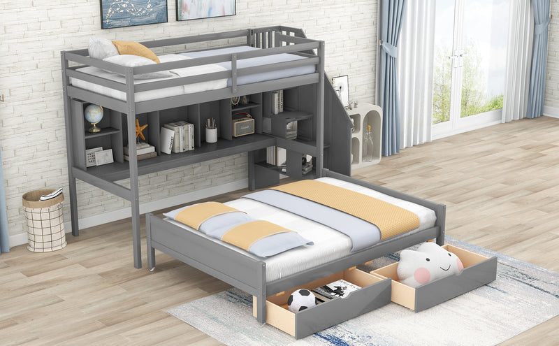 Twin XL over Full Bunk Bed with Built-in Storage Shelves, Drawers and Staircase,Gray