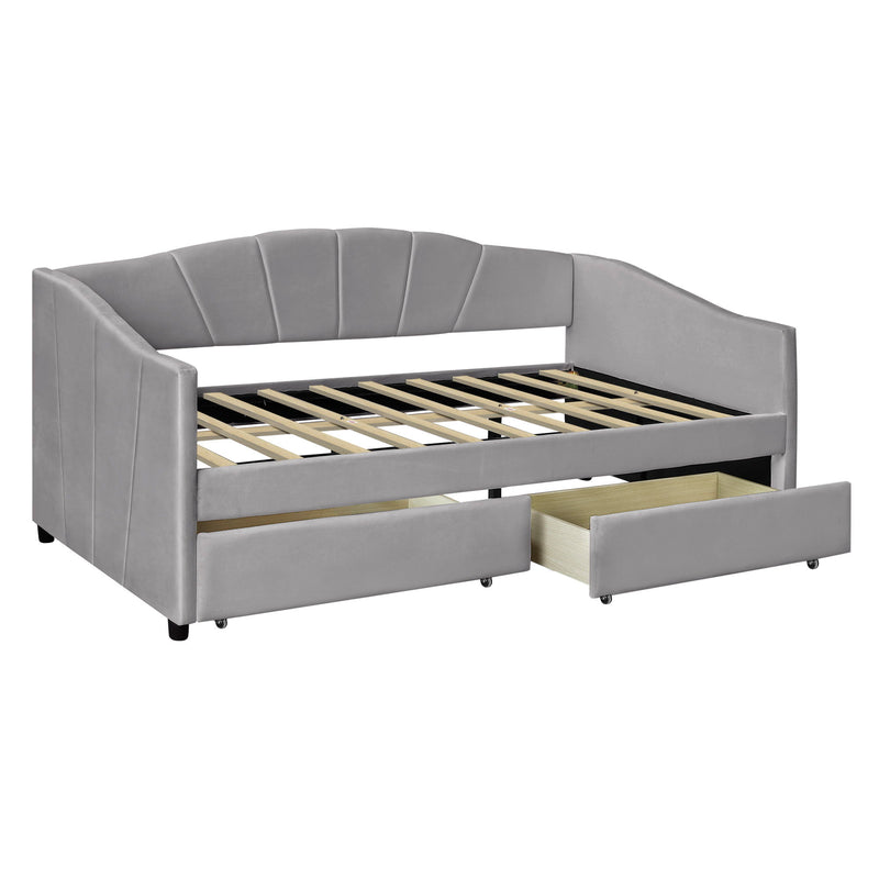 Twin Size Upholstered Daybed With Two Drawers And Wood Slat - Gray