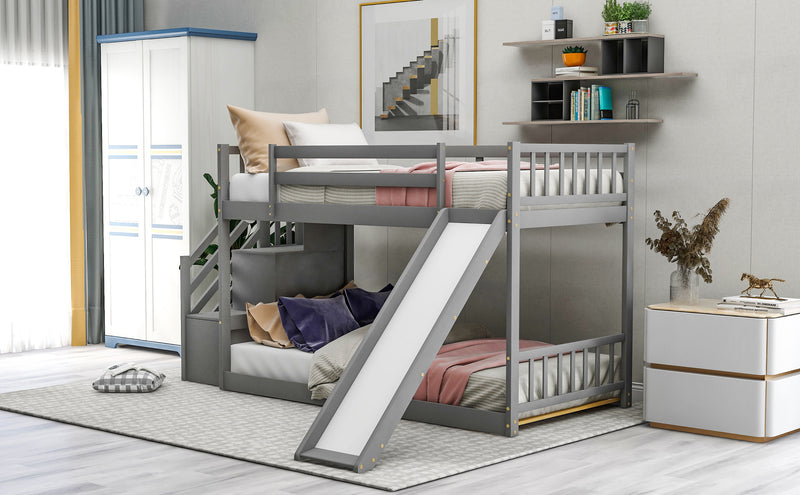 Twin over Twin Bunk Bed with Convertible Slide and Stairway, Gray