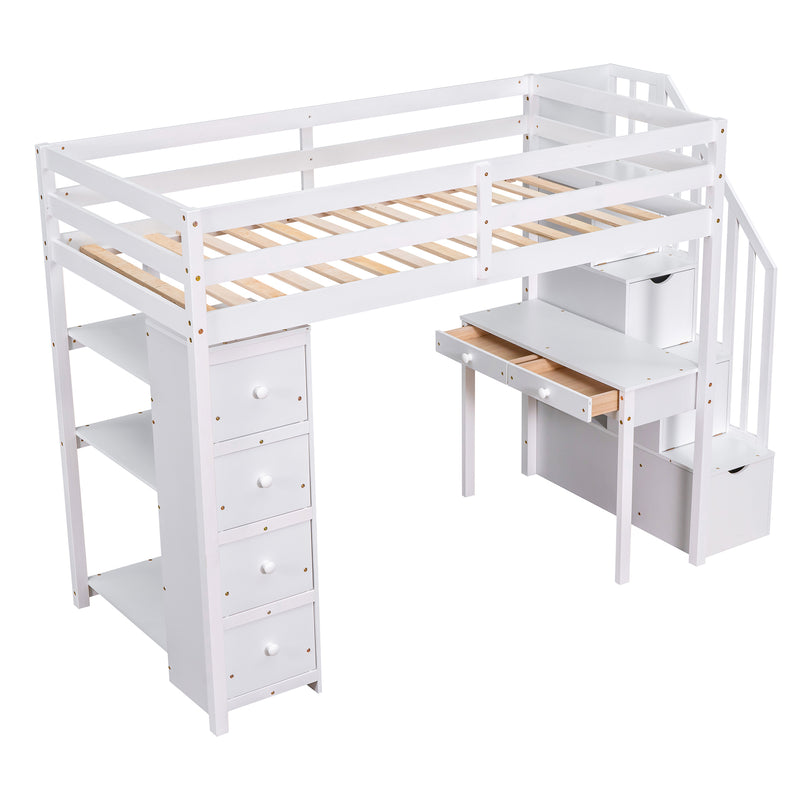 Twin size Loft Bed with Storage Drawers ,Desk and Stairs, Wooden Loft Bed with Shelves - White