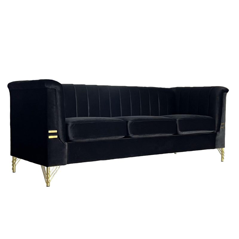 Fx-P82-Bk (Sofa) Modern Sofa Couches For Living Room, Velvet Tight Back Chesterfield Design Couch Upholstered Sofa With Metal Legs Decor Furniture For Bedroom - Black