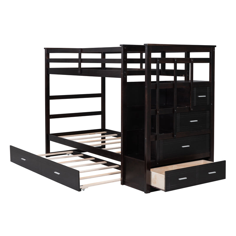 Twin Over Twin Bunk Bed with Trundle and Staircase,Espresso(OLD SKU:LT000068AAP)