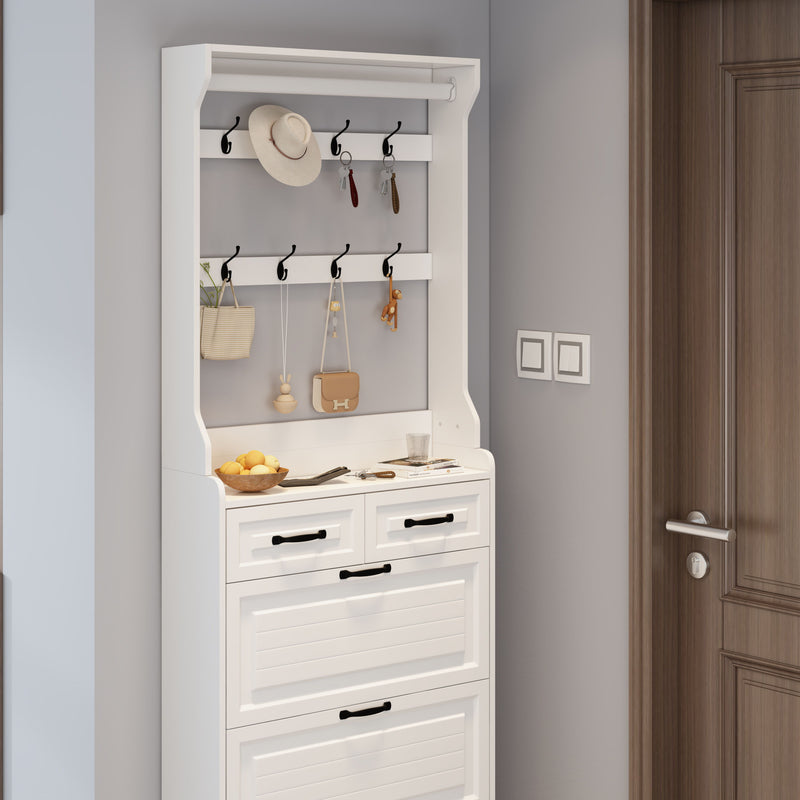 Shoe Cabinet With 3 Doors 2 Drawers With Hanger, PVC Door With Shape, Large Space For Storage - White