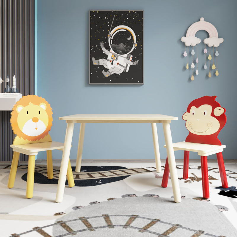 Wooden Activity 3 Pieces Toddler Table And Chair Set (Lion&Monkey) - Beige