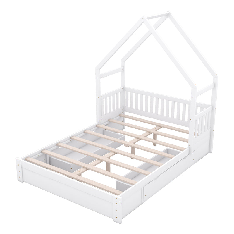 Wood Queen Size House Platform Bed with Guardrail and 2 Drawers, White (Expected Arrival Time:4.26)