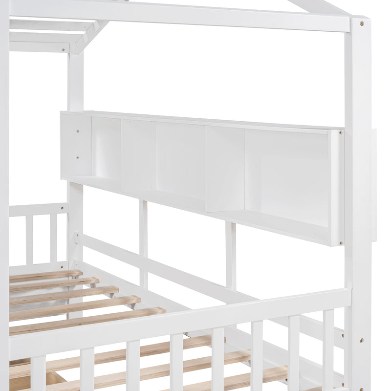 Wooden Twin Size House Bed with 2 Drawers,Kids Bed with Storage Shelf, White