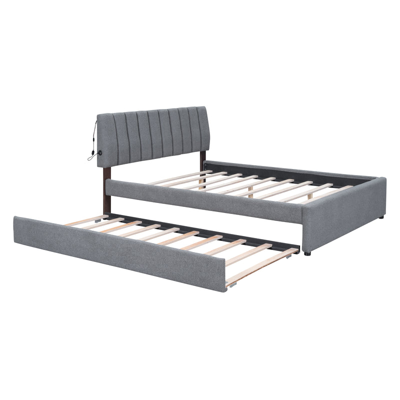 Teddy Fleece Queen Size Upholstered Platform Bed with Trundle, Gray