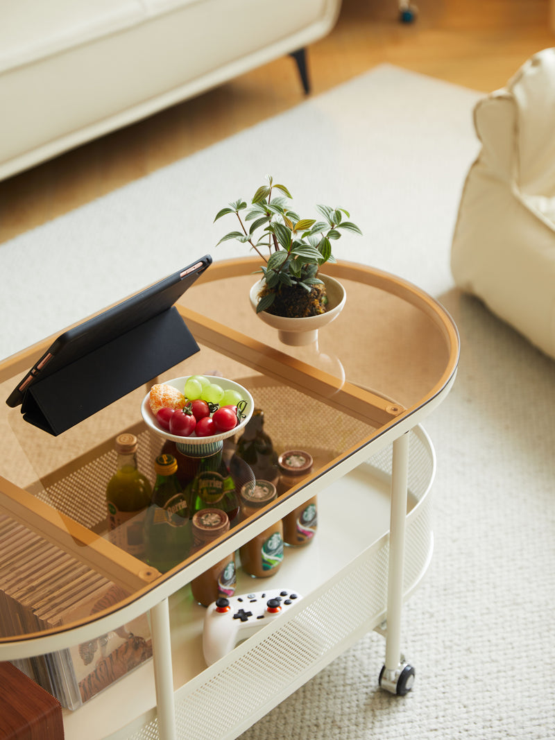 Movable Oval Metal Glass Coffee Table With Storage - White