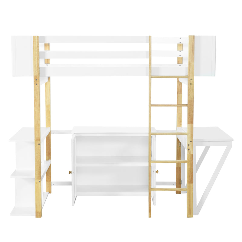 Twin Size Wood Loft Bed With Built-in Storage Cabinet and Cubes, Foldable desk, White