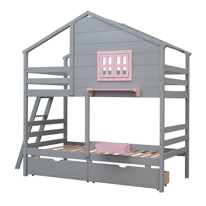 Twin over Twin Bunk Bed with 2 Drawers, 1 Storage Box, 1 Shelf, Window and Roof-Gray(OLD SKU:LT000608AAE)