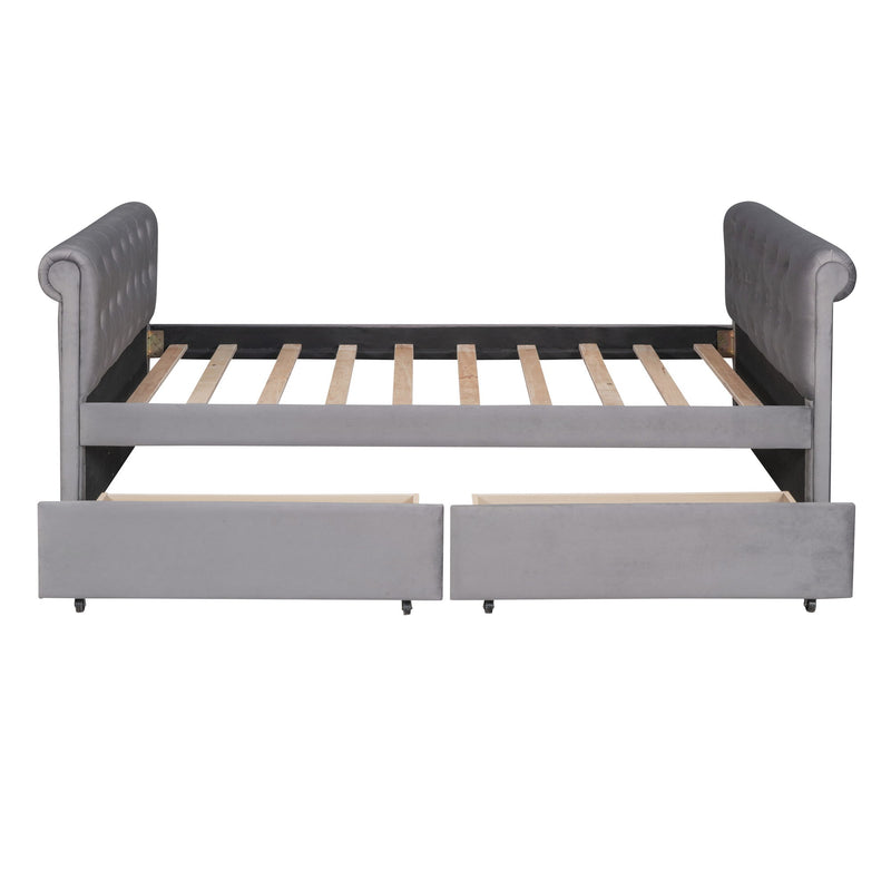 Twin Size Upholstered Daybed With Drawers, Wood Slat Support - Gray