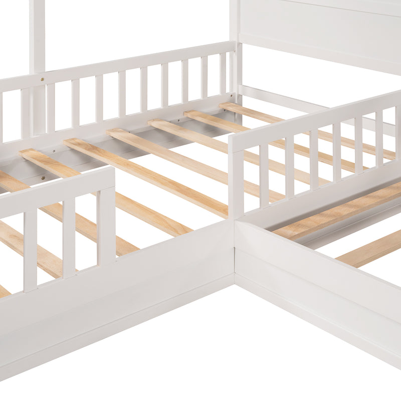 Wood House Bed Twin Size, 2 Twin Solid Bed L structure with fence and slatted frame （White)