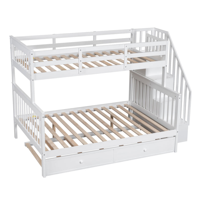 Twin Over Full Bunk Bed With Twin Size Trundle, Storage And Guard Rail For Bedroom, Dorm, For Adults - White