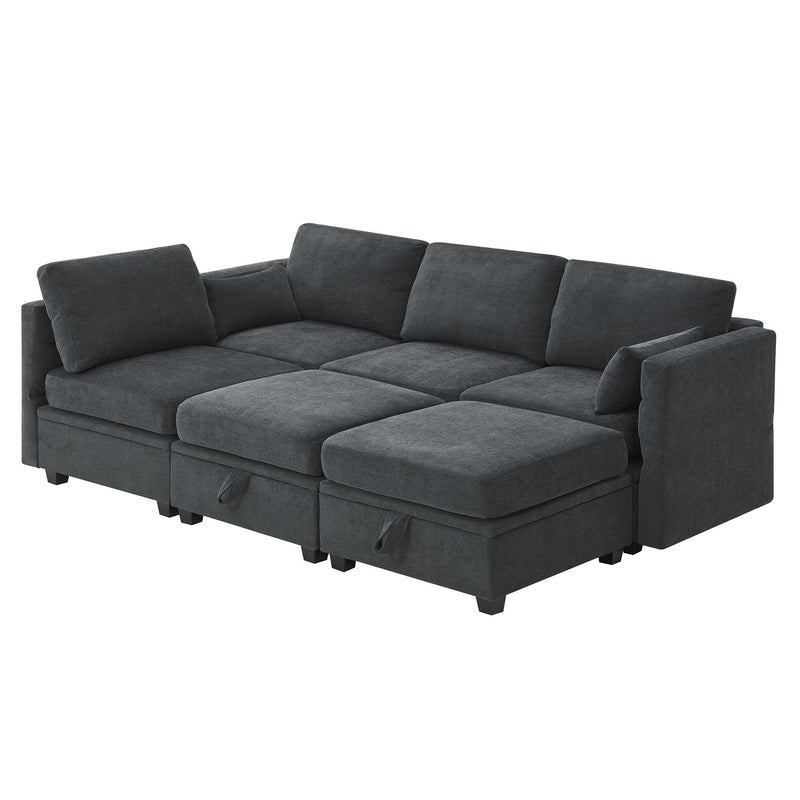 Chenille Modular Sectional Sofa, U Shaped Couch With Adjustable Armrests And Backrests, 6 Seat Reversible Sofa Bed With Storage Seats For Living Room, Apartment