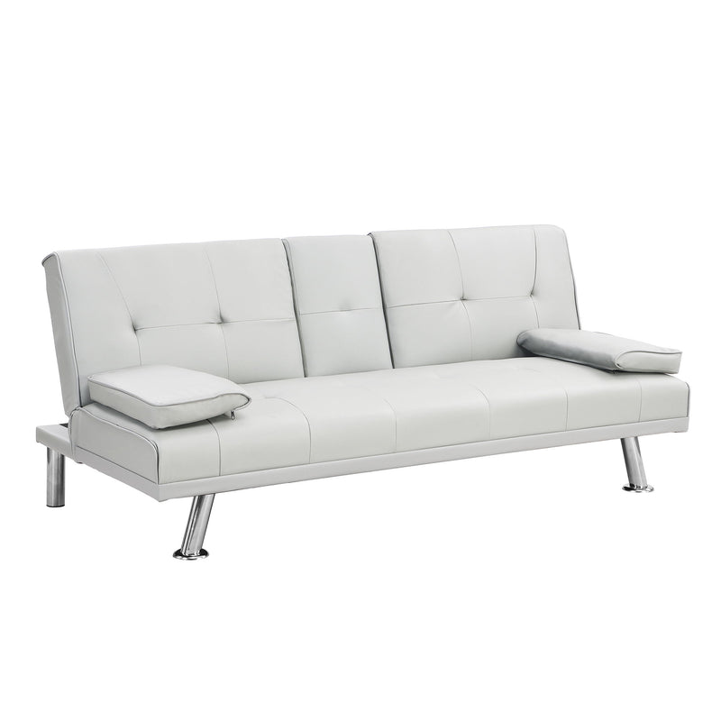 Sofa Bed With Armrest Two Holders Wood Frame, Stainless Leg, Futon - White