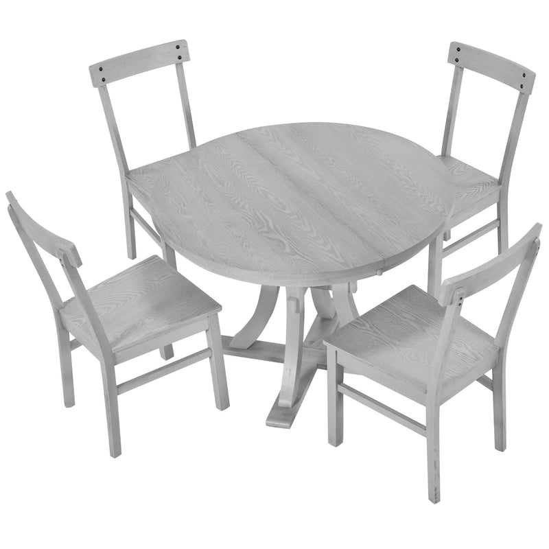 Topmax - 5 Piece Rustic Round Pedestal Extendable Dining Table Set With 15.7" Removable Leaf And Simple Dining Chirs For Small Places