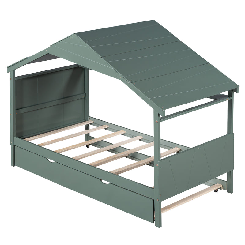 Wood Twin Size House Bed with Trundle and Storage, Green