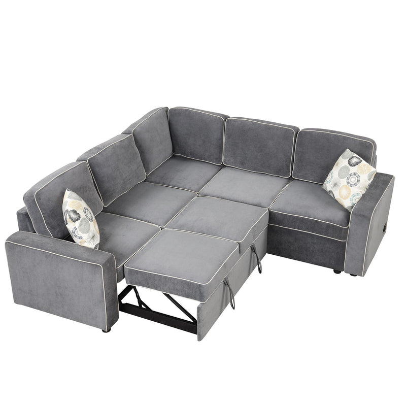 L-Shaped Pull Out Sofa Bed Modern Convertible Sleeper Sofa With 2 USB Ports, 2 Power Sockets And 3 Pillows For Living Room