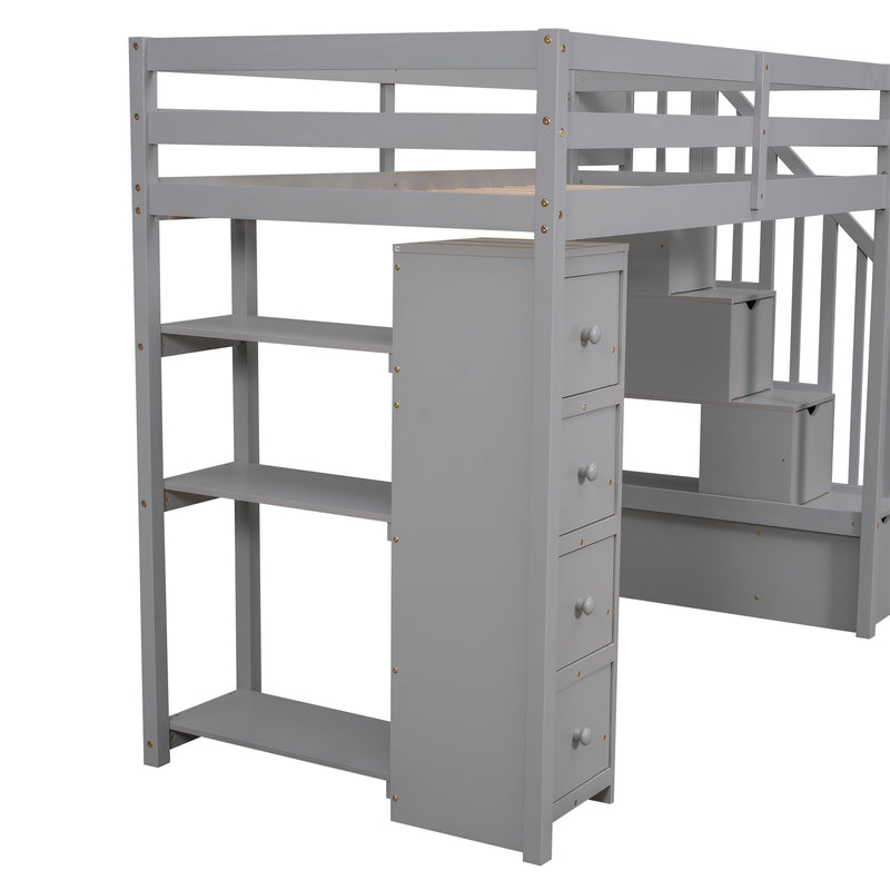 Twin size Loft Bed with Storage Drawers and Stairs, Wooden Loft Bed with Shelves - Gray