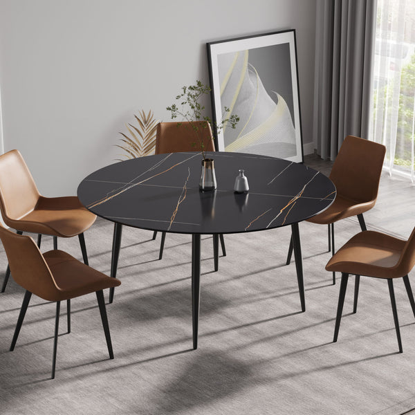 Modern Man-Made Stone Round Metal Dining Table-Position For 6 People - Black