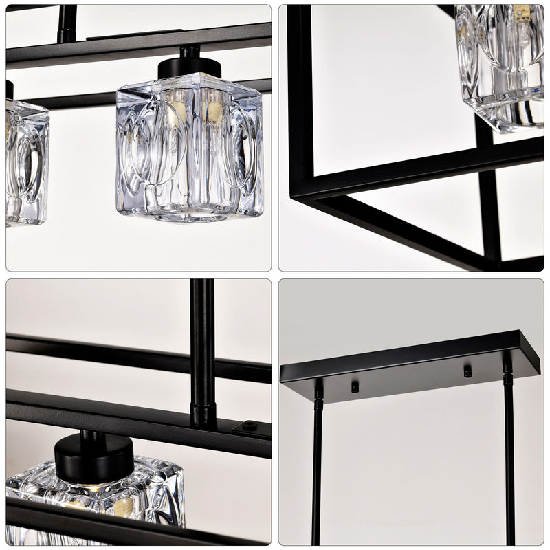 6 Light Farmhouse Chandelier, Modern Industrial Linear Rectangular Crystal Pendant Light Cage Chandelier For Dining Room, Kitchen Island, Bar, Long Table, G9*6 Bulbs Included - Matte Black