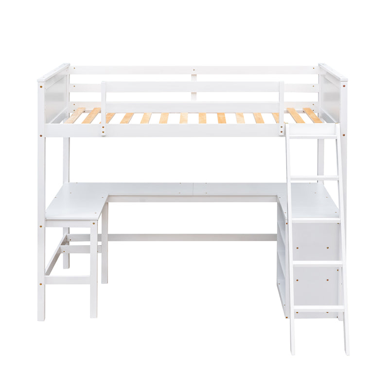 Twin size Loft Bed with Shelves and Desk, Wooden Loft Bed with Desk - White(OLD SKU:LT000537AAK)