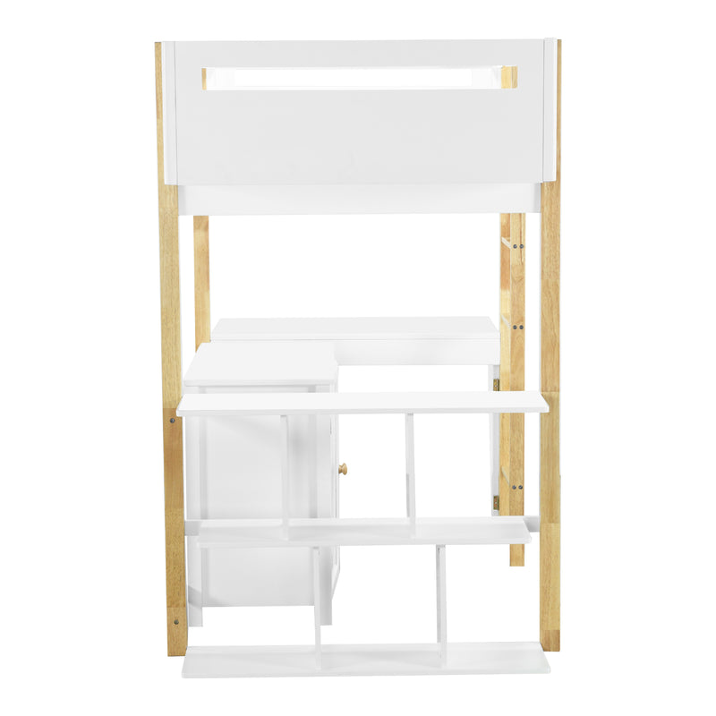 Twin Size Wood Loft Bed With Built-in Storage Cabinet and Cubes, Foldable desk, White