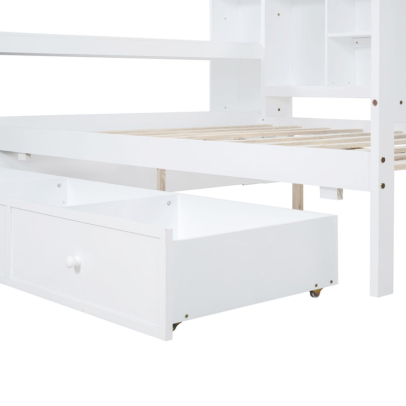 Full Size Wooden Daybed With 3 Drawers, USB Ports And Desk - White