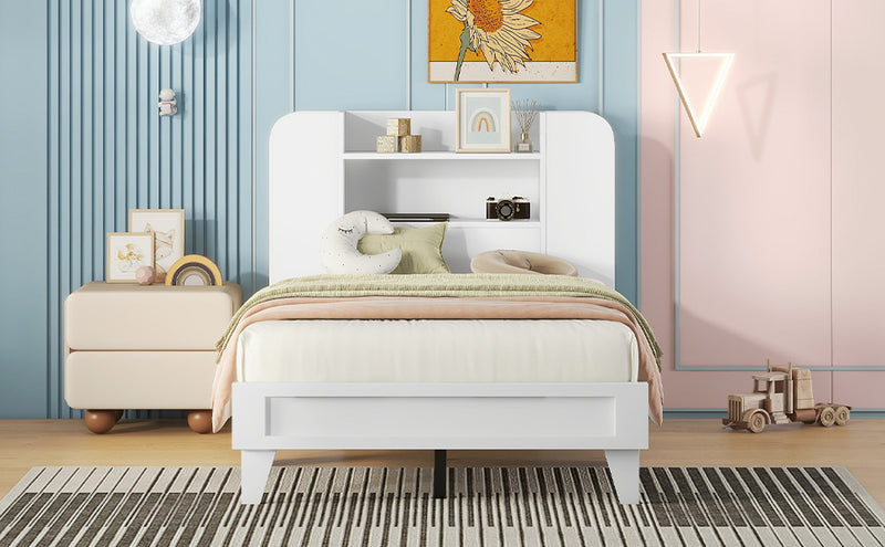 Twin Size Platform Bed with Storage Headboard,Multiple Storage Shelves on Both Sides,White