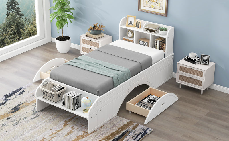 Wood Twin Size Platform Bed with 2 Drawers, Storage  Headboard and Footboard, White