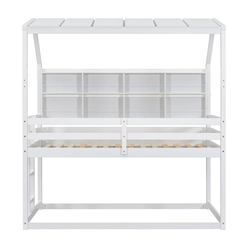 Twin House Loft Bed With Guardrails, Semi-Enclosed Roof, Bedside Shelves And Ladder - White